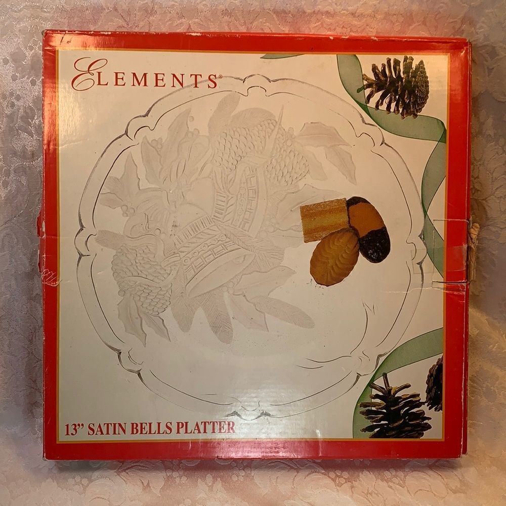13 Inch Satin Bells Platter 1995 Elements Holiday Christmas Holly Pine Cones